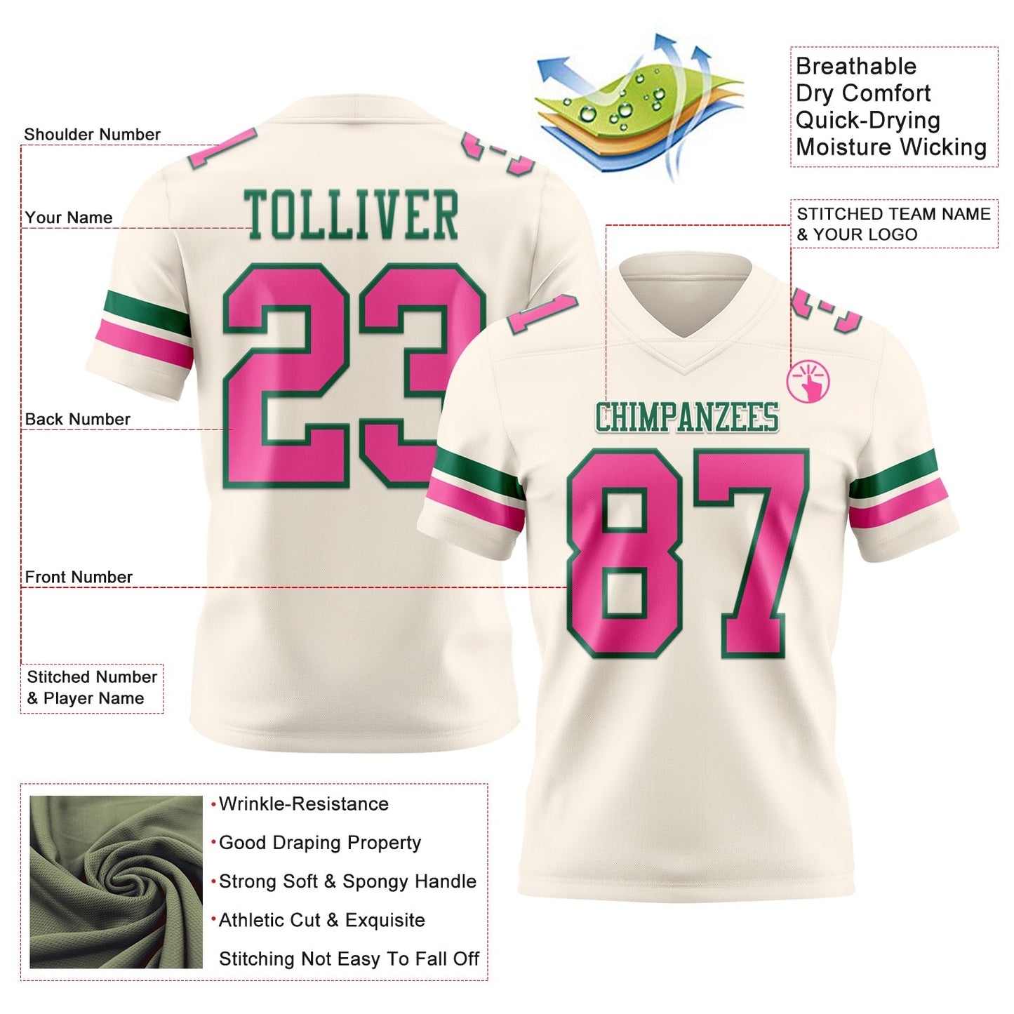 Custom Cream Pink-Kelly Green Mesh Authentic Football Jersey