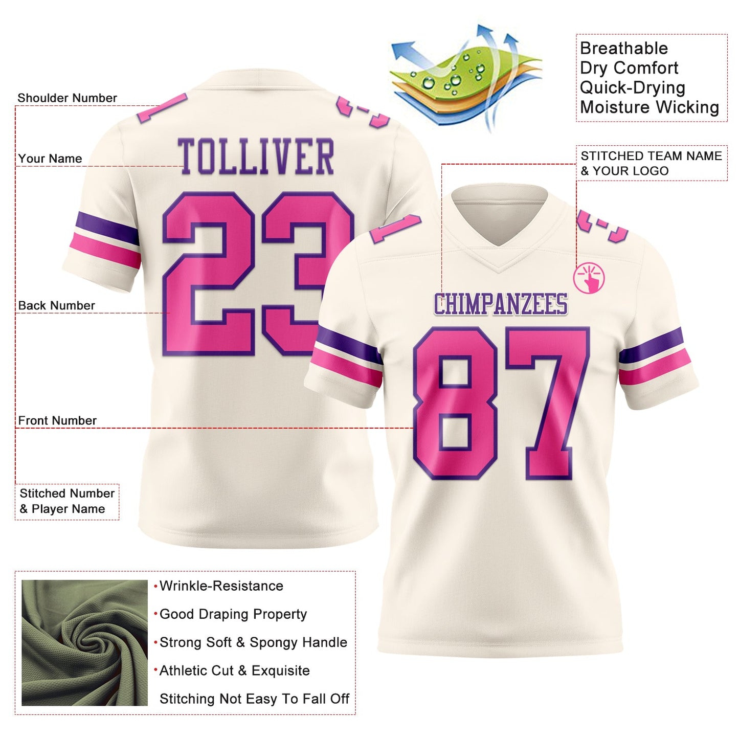 Custom Cream Pink-Purple Mesh Authentic Football Jersey