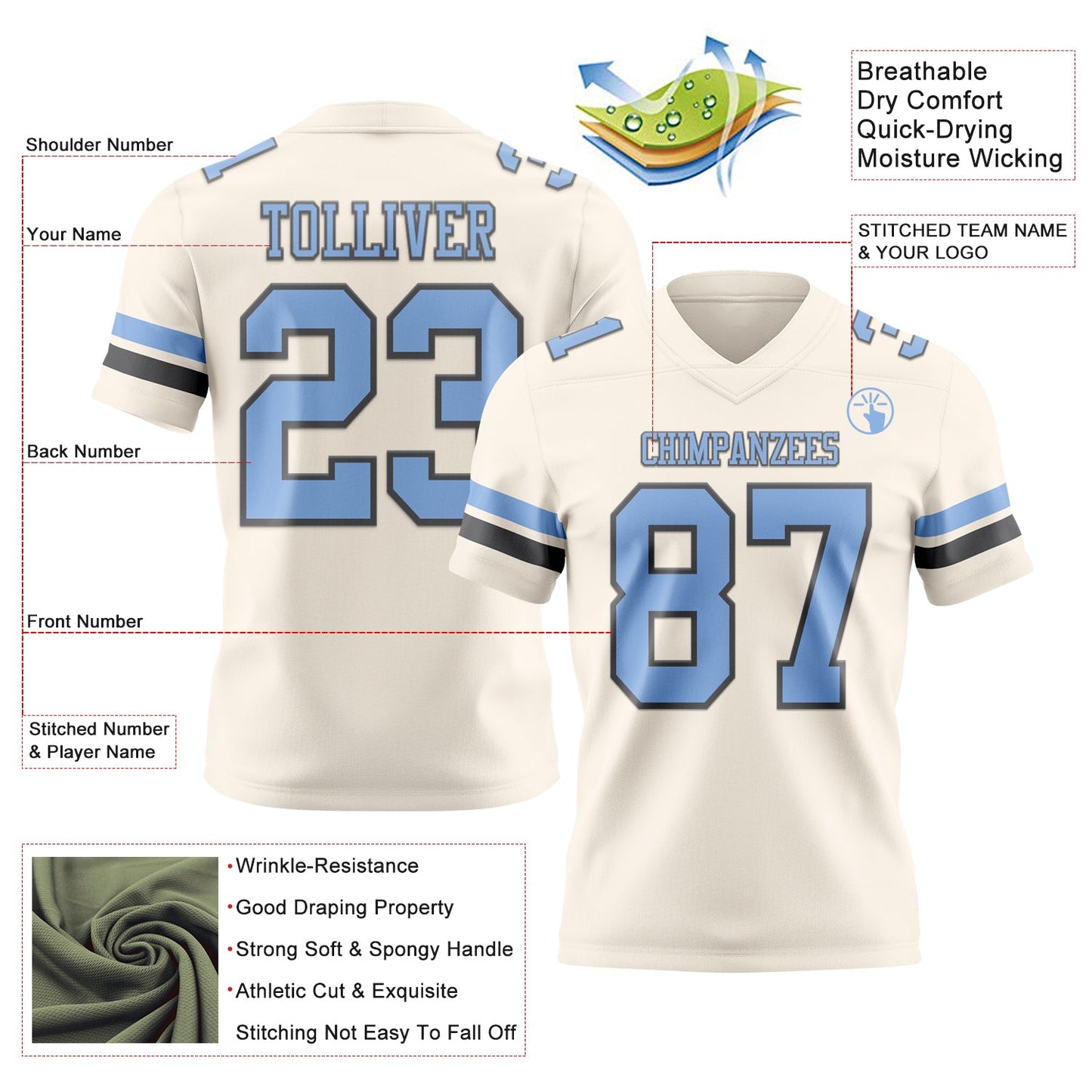 Custom Cream Light Blue-Steel Gray Mesh Authentic Football Jersey