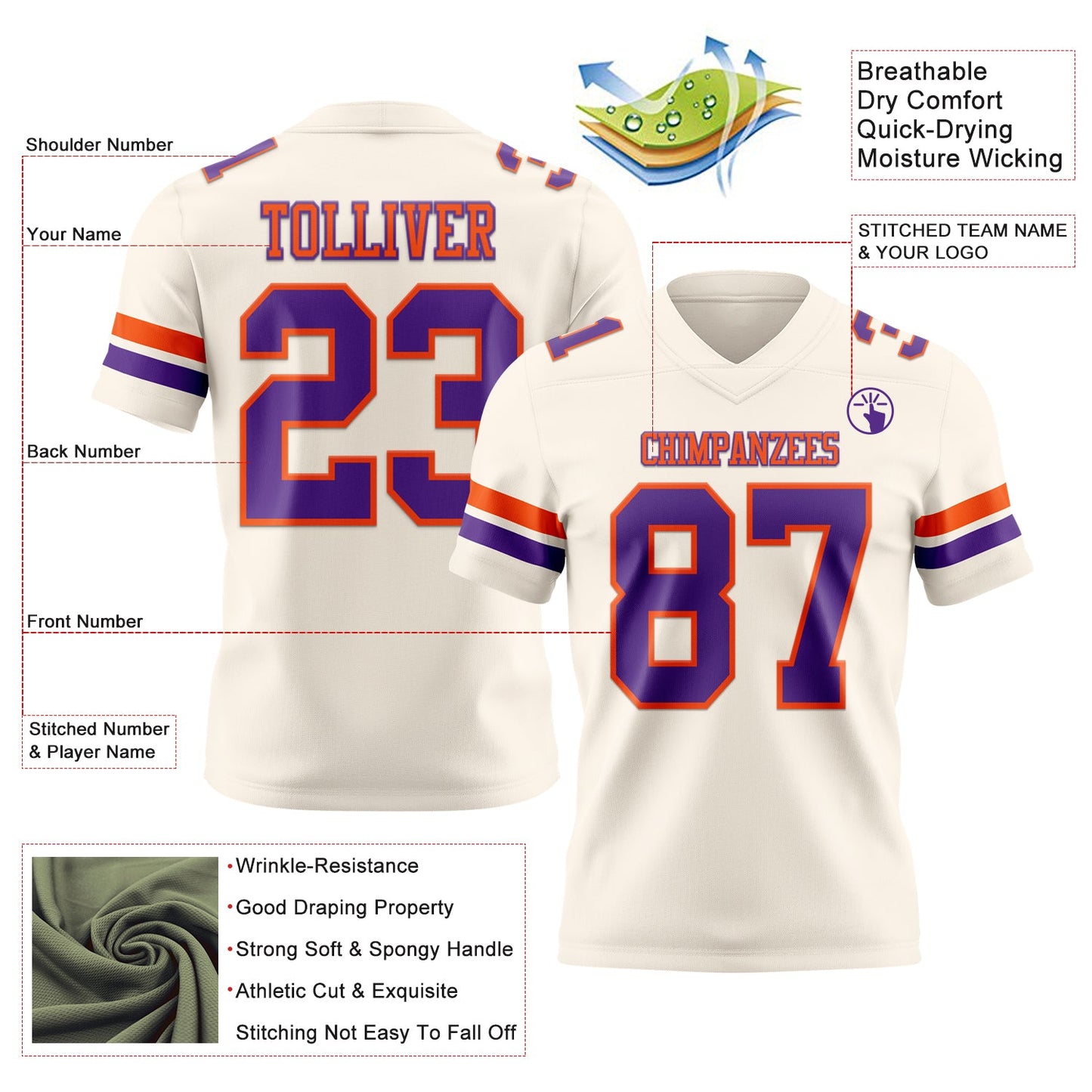 Custom Cream Purple-Orange Mesh Authentic Football Jersey