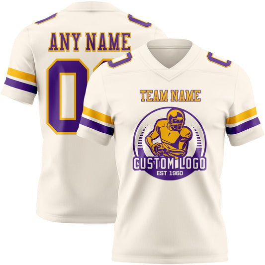 Custom Cream Purple-Gold Mesh Authentic Football Jersey