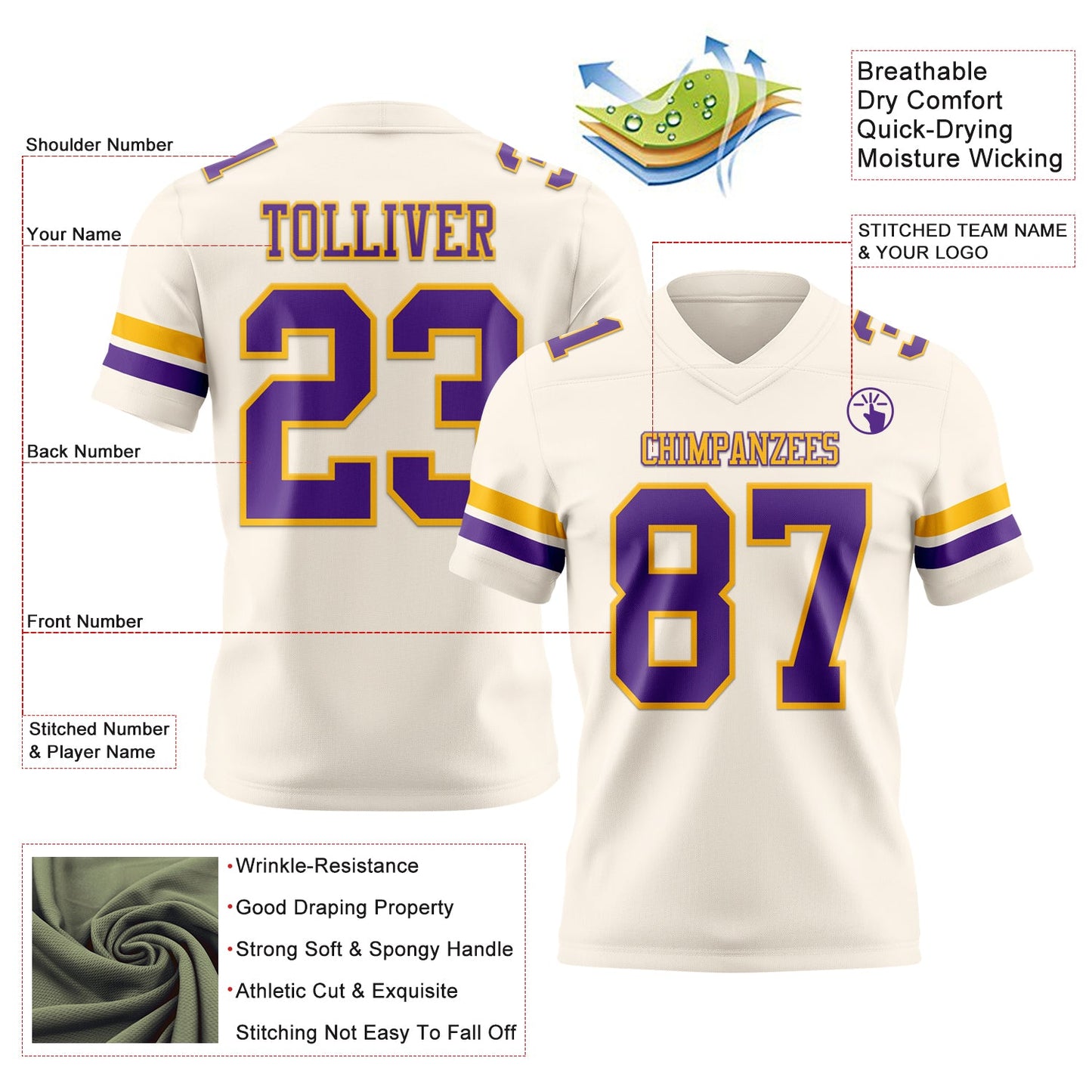 Custom Cream Purple-Gold Mesh Authentic Football Jersey