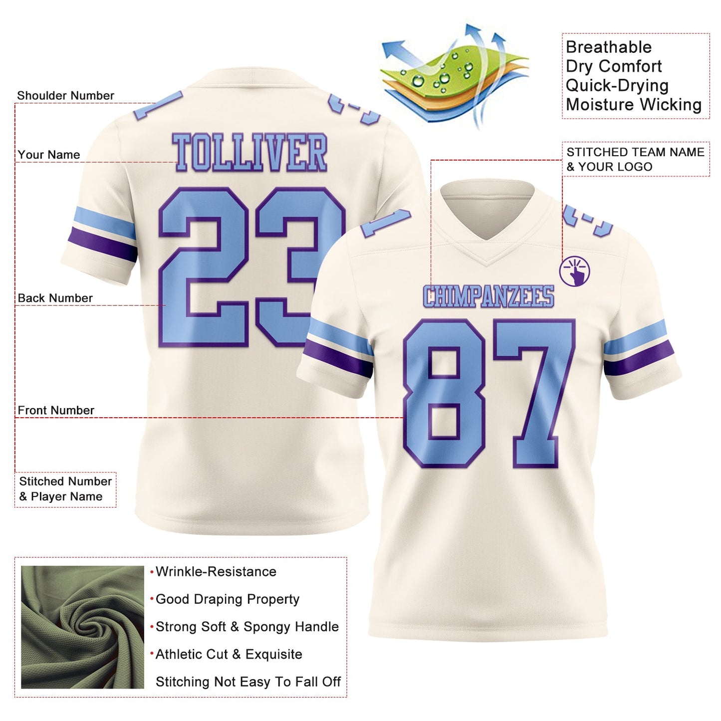 Custom Cream Light Blue-Purple Mesh Authentic Football Jersey