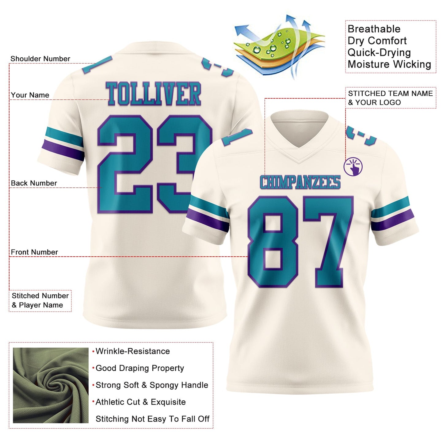 Custom Cream Teal-Purple Mesh Authentic Football Jersey