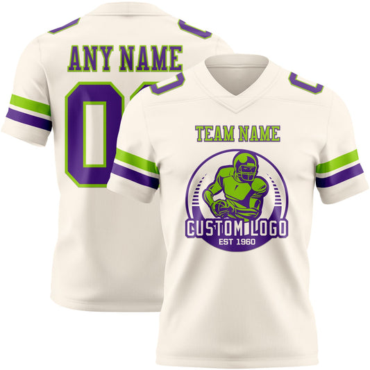 Custom Cream Purple-Neon Green Mesh Authentic Football Jersey