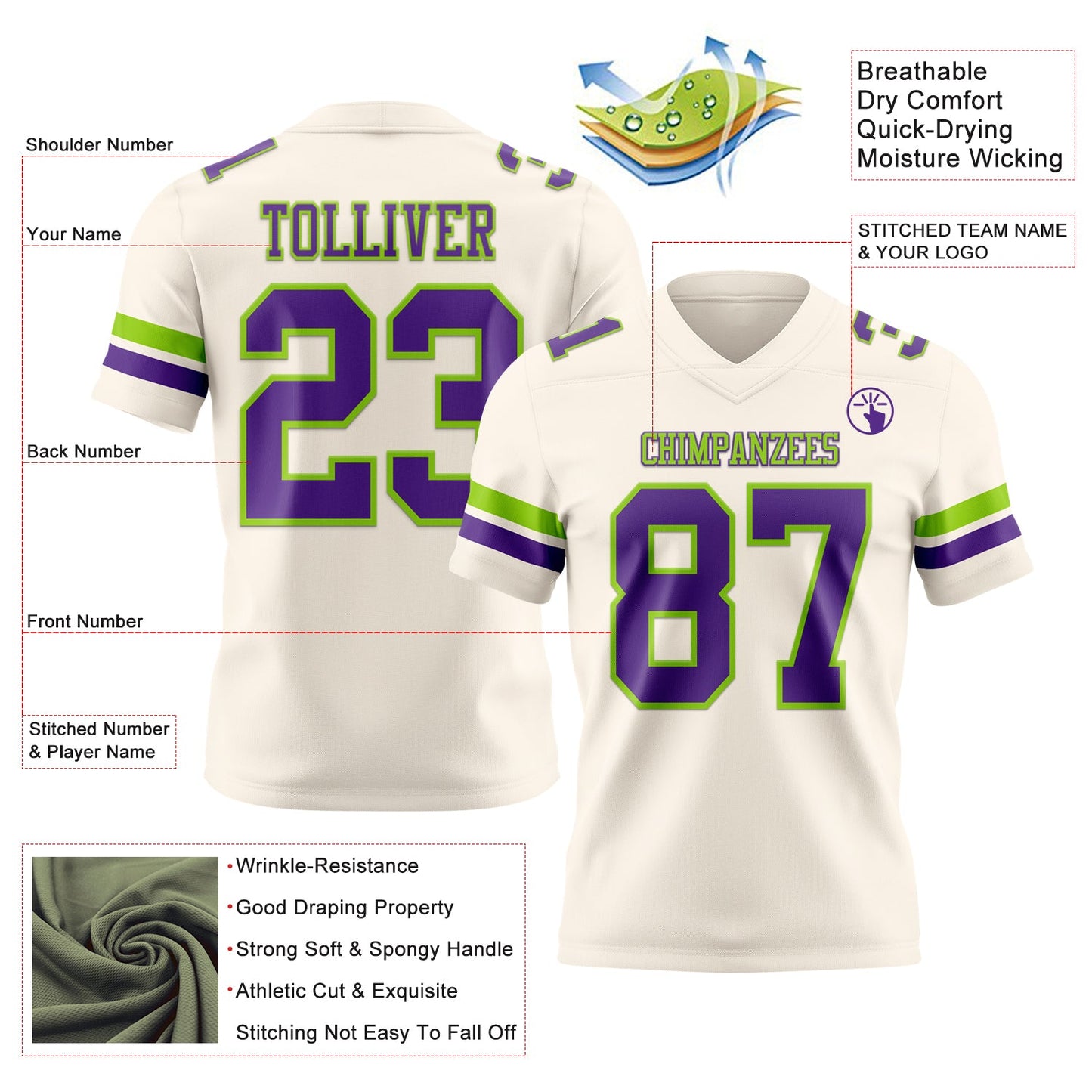 Custom Cream Purple-Neon Green Mesh Authentic Football Jersey