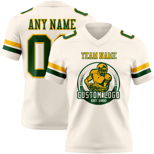 Custom Cream Green-Gold Mesh Authentic Football Jersey