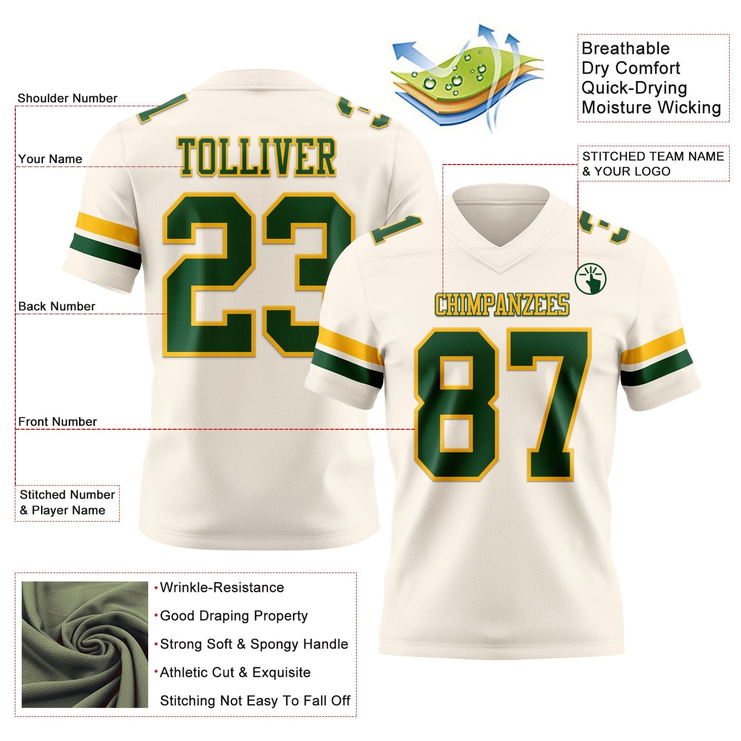 Custom Cream Green-Gold Mesh Authentic Football Jersey
