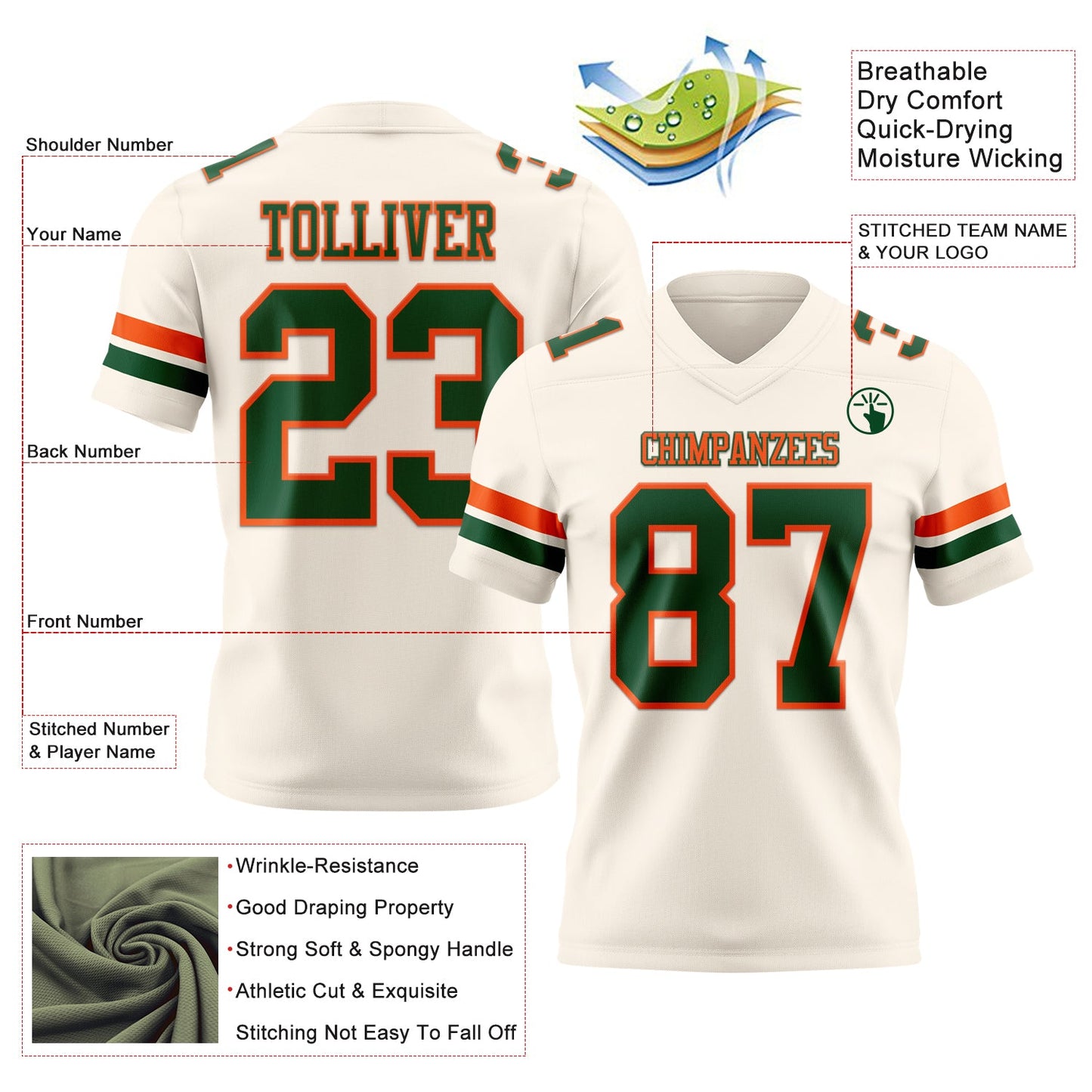 Custom Cream Green-Orange Mesh Authentic Football Jersey