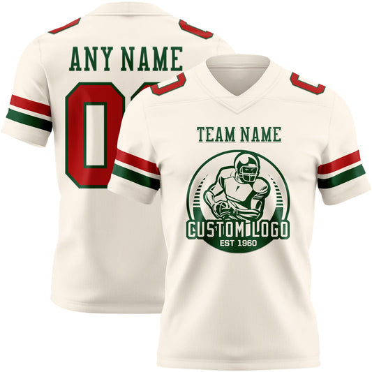 Custom Cream Red-Green Mesh Authentic Football Jersey