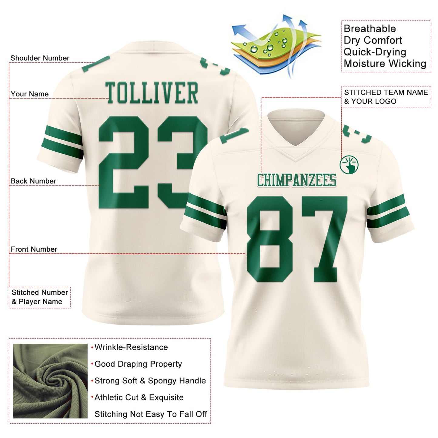 Custom Cream Kelly Green Mesh Authentic Football Jersey