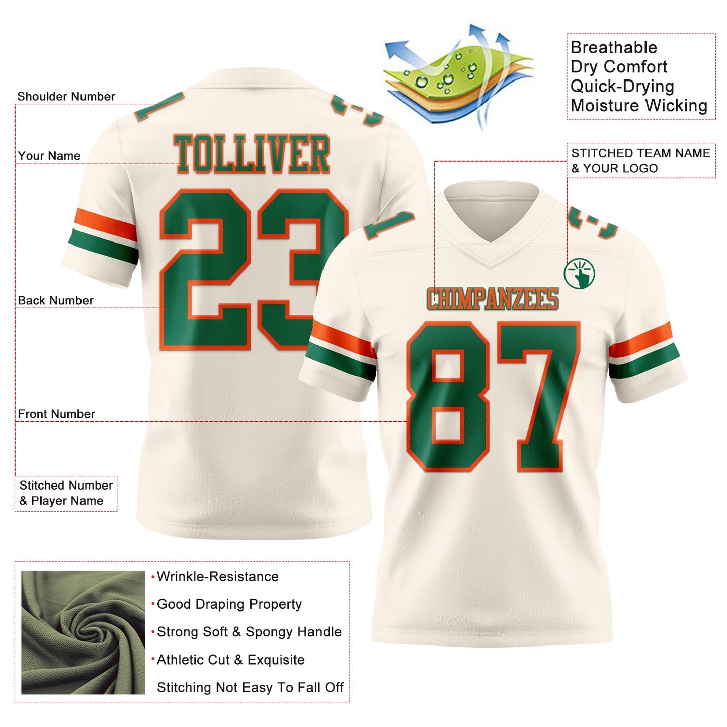 Custom Cream Kelly Green-Orange Mesh Authentic Football Jersey