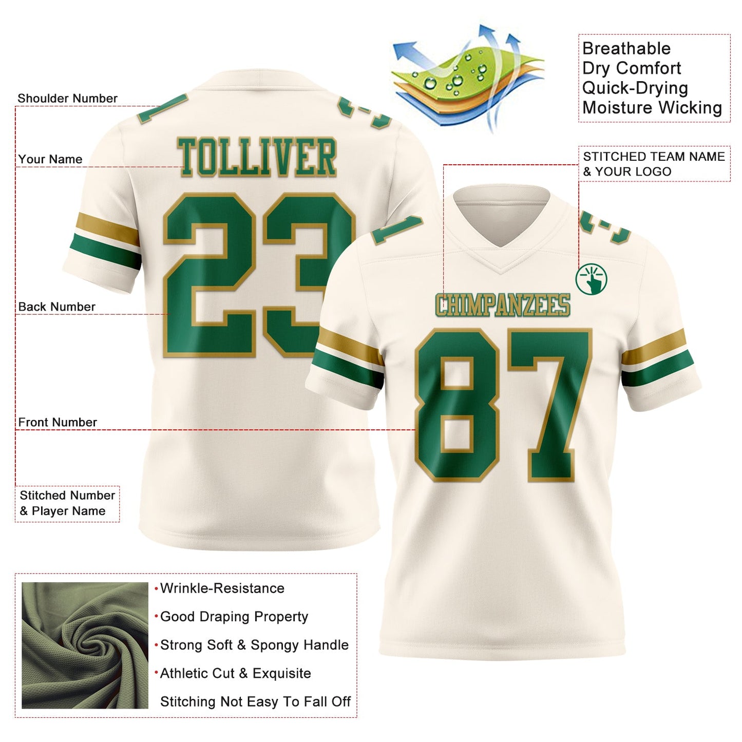 Custom Cream Kelly Green-Old Gold Mesh Authentic Football Jersey