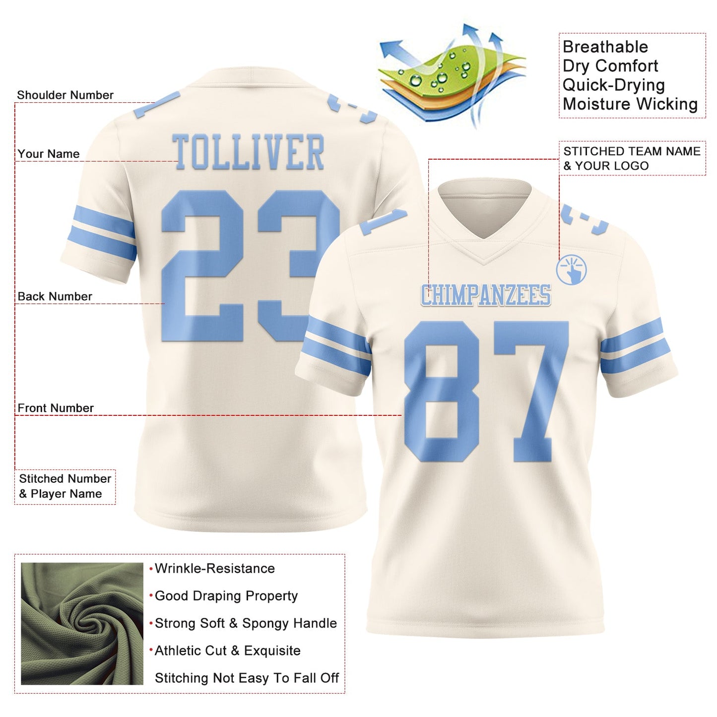 Custom Cream Light Blue Mesh Authentic Football Jersey