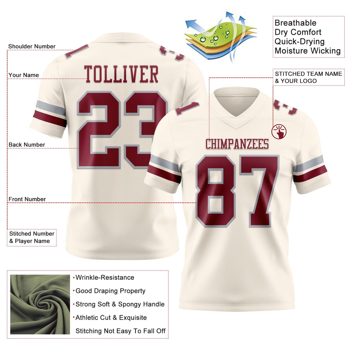 Custom Cream Crimson-Gray Mesh Authentic Football Jersey