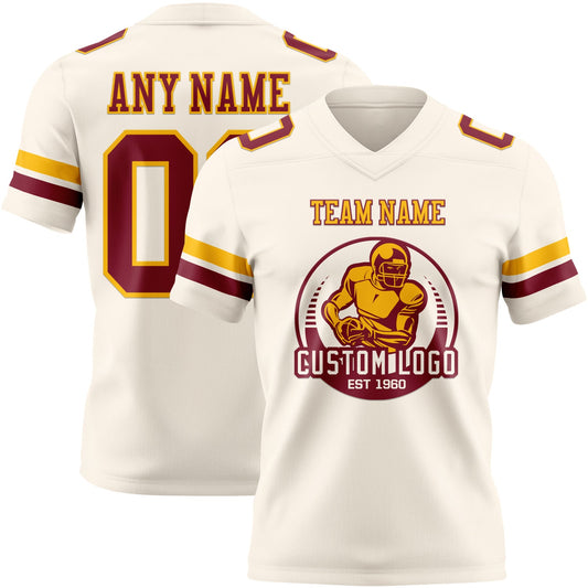Custom Cream Crimson-Gold Mesh Authentic Football Jersey
