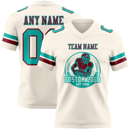 Custom Cream Aqua-Crimson Mesh Authentic Football Jersey