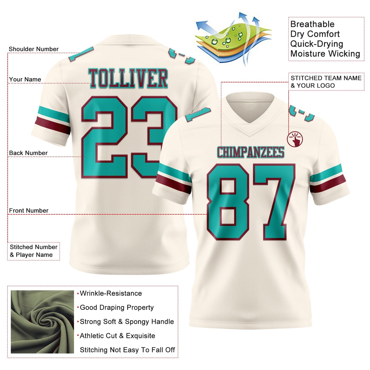 Custom Cream Aqua-Crimson Mesh Authentic Football Jersey