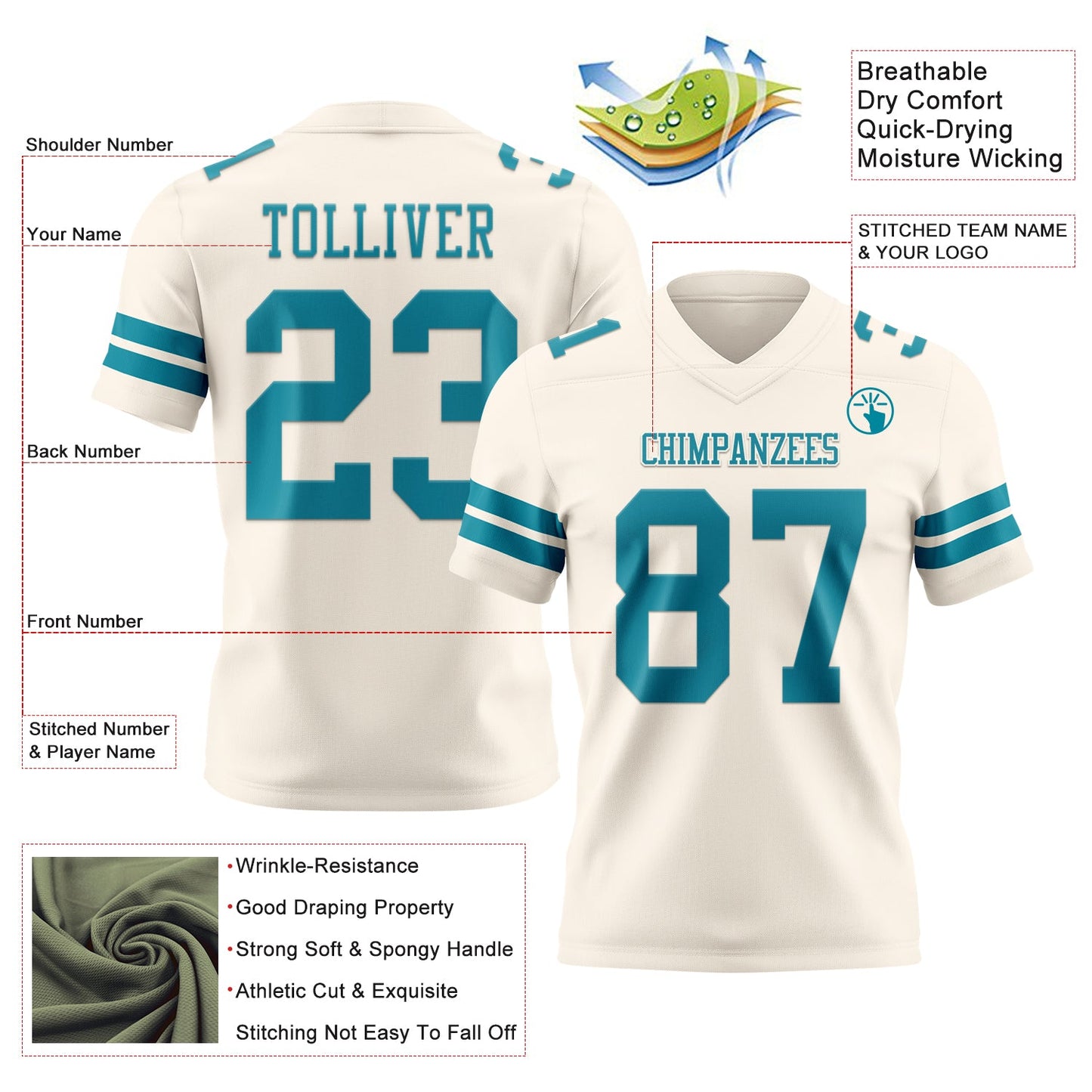 Custom Cream Teal Mesh Authentic Football Jersey