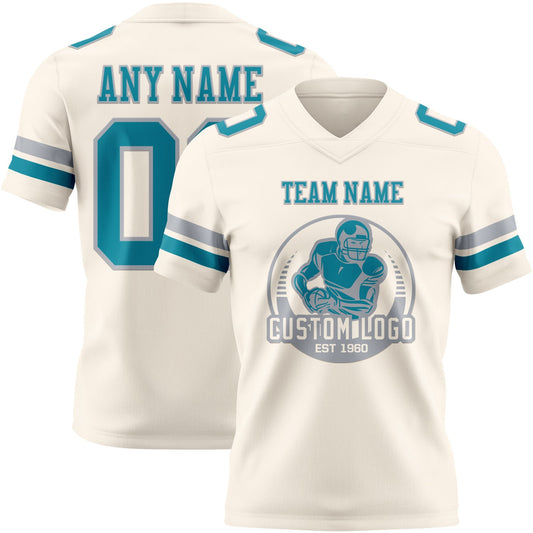 Custom Cream Teal-Gray Mesh Authentic Football Jersey