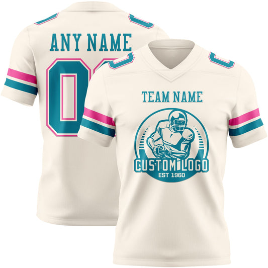 Custom Cream Teal-Pink Mesh Authentic Football Jersey