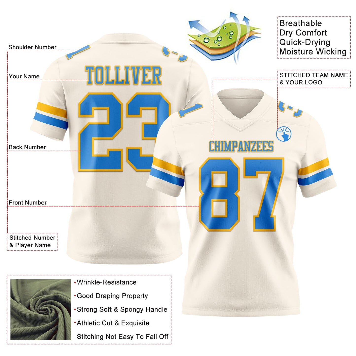 Custom Cream Powder Blue-Gold Mesh Authentic Football Jersey