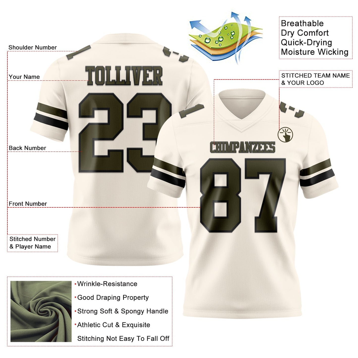 Custom Cream Olive-Black Mesh Authentic Football Jersey