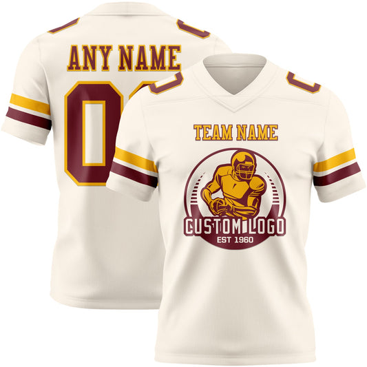 Custom Cream Burgundy-Gold Mesh Authentic Football Jersey