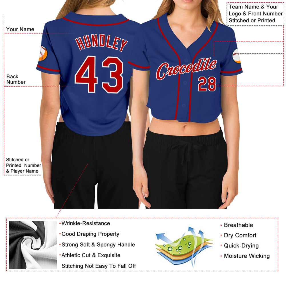 Custom Women's Royal Red-White V-Neck Cropped Baseball Jersey