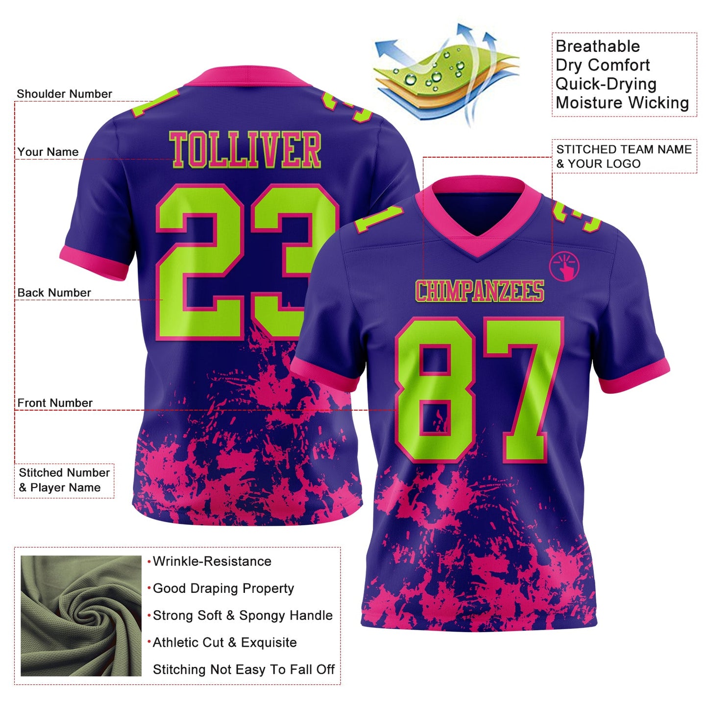Custom Dark Purple Neon Green-Hot Pink Splash Mesh Authentic Football Jersey