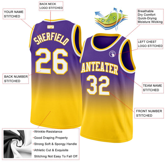 Custom Purple White-Gold Authentic Fade Fashion Basketball Jersey