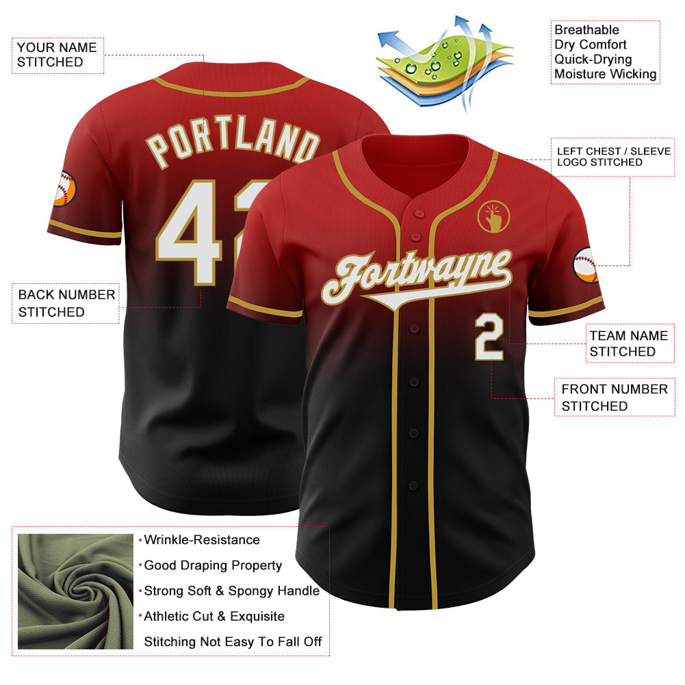 Custom Red Black-Old Gold Authentic Fade Fashion Baseball Jersey