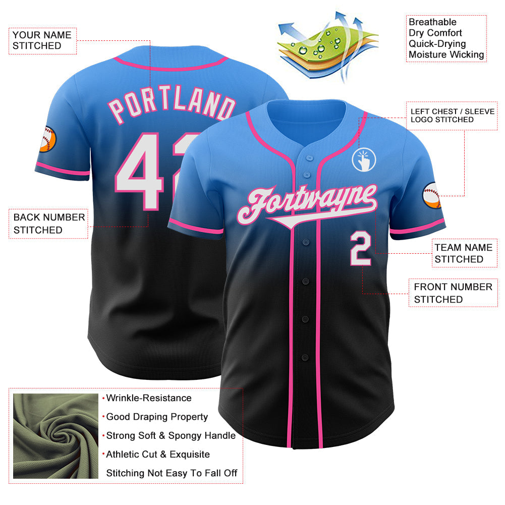 Custom Electric Blue Black-Pink Authentic Fade Fashion Baseball Jersey