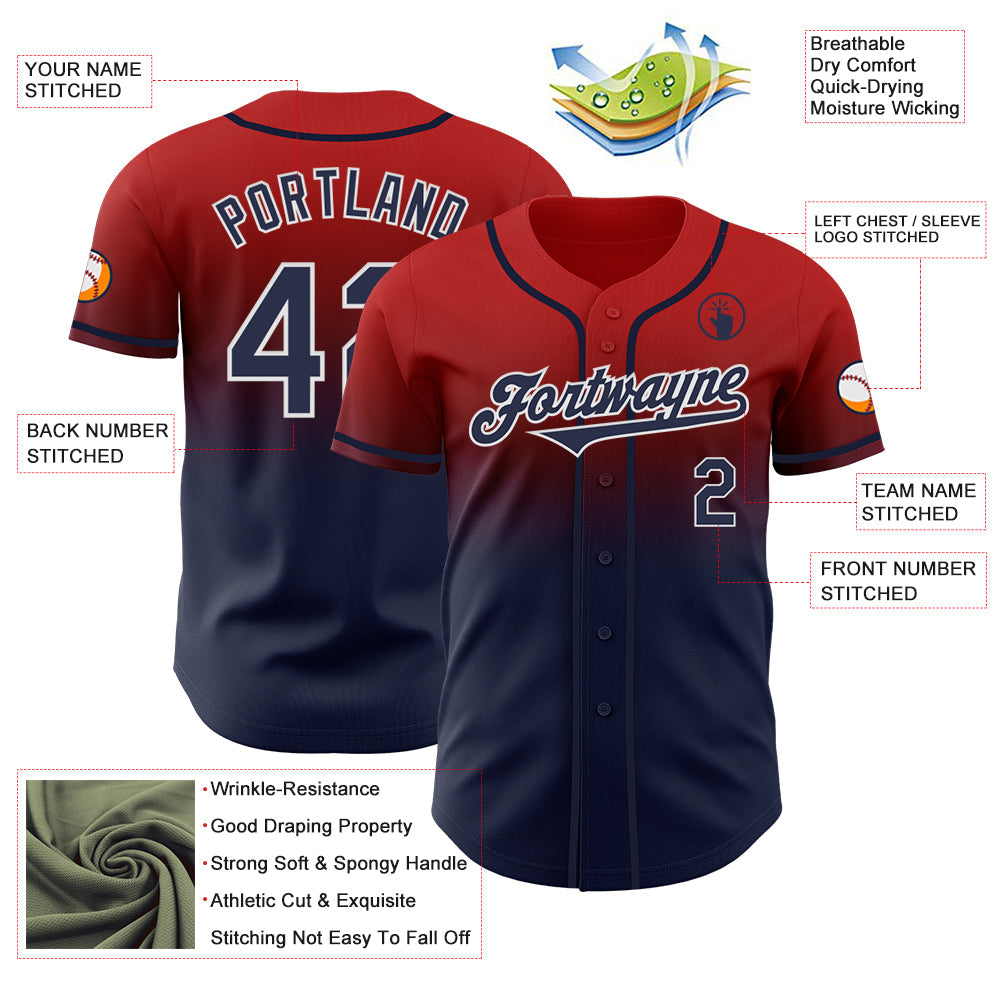 Custom Red Navy-White Authentic Fade Fashion Baseball Jersey
