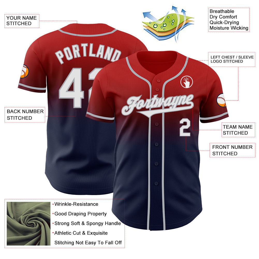 Custom Red Navy-Gray Authentic Fade Fashion Baseball Jersey