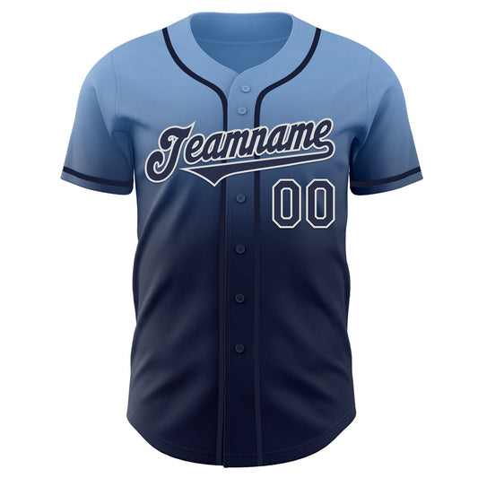 Custom Light Blue Navy-White Authentic Fade Fashion Baseball Jersey