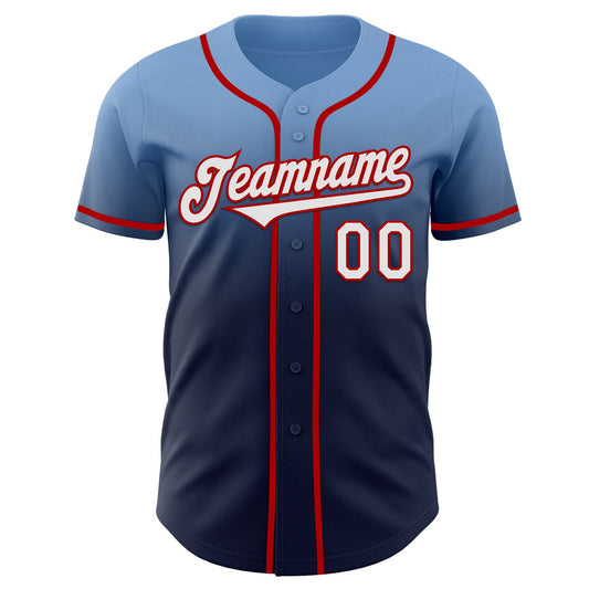 Custom Light Blue Navy-Red Authentic Fade Fashion Baseball Jersey