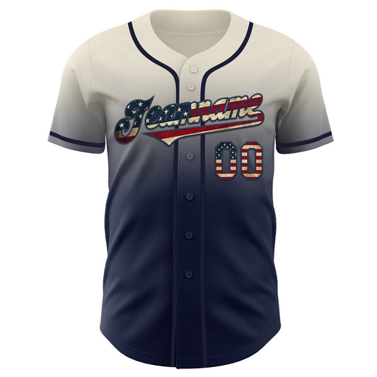 Custom Cream Vintage USA Flag-Navy Authentic Fade Fashion Baseball Jersey