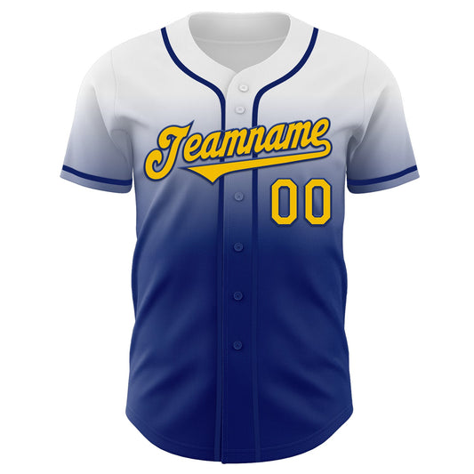 Custom White Yellow-Royal Authentic Fade Fashion Baseball Jersey