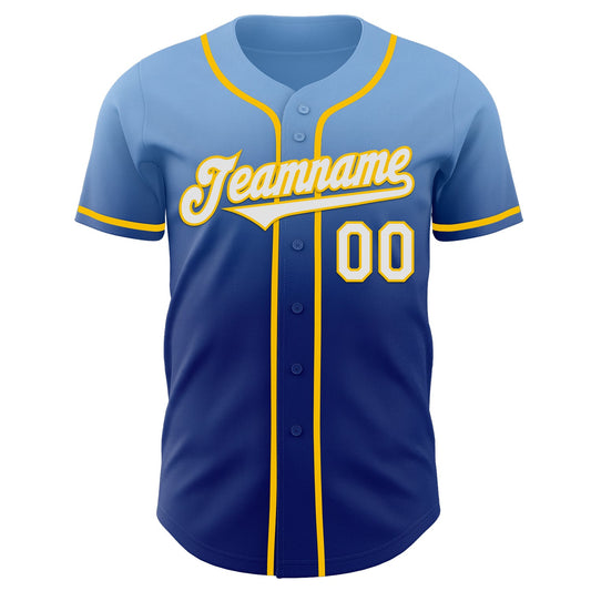 Custom Light Blue White Royal-Yellow Authentic Fade Fashion Baseball Jersey