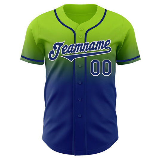 Custom Neon Green Royal-White Authentic Fade Fashion Baseball Jersey