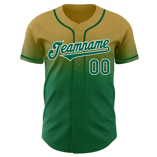 Custom Old Gold Kelly Green-White Authentic Fade Fashion Baseball Jersey