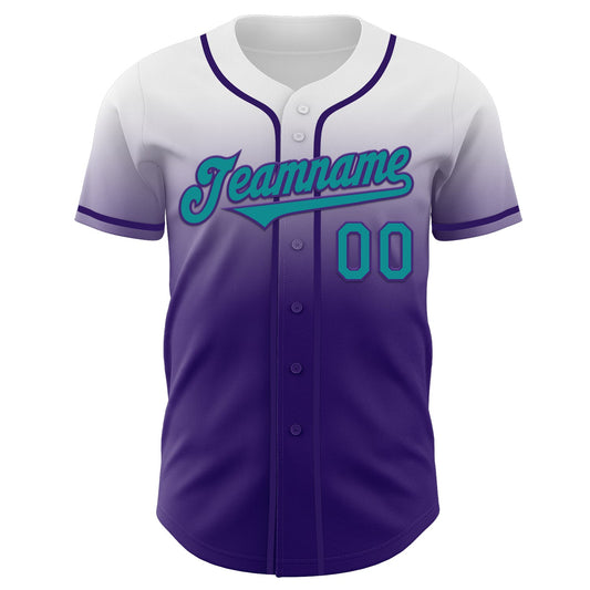 Custom White Teal-Purple Authentic Fade Fashion Baseball Jersey