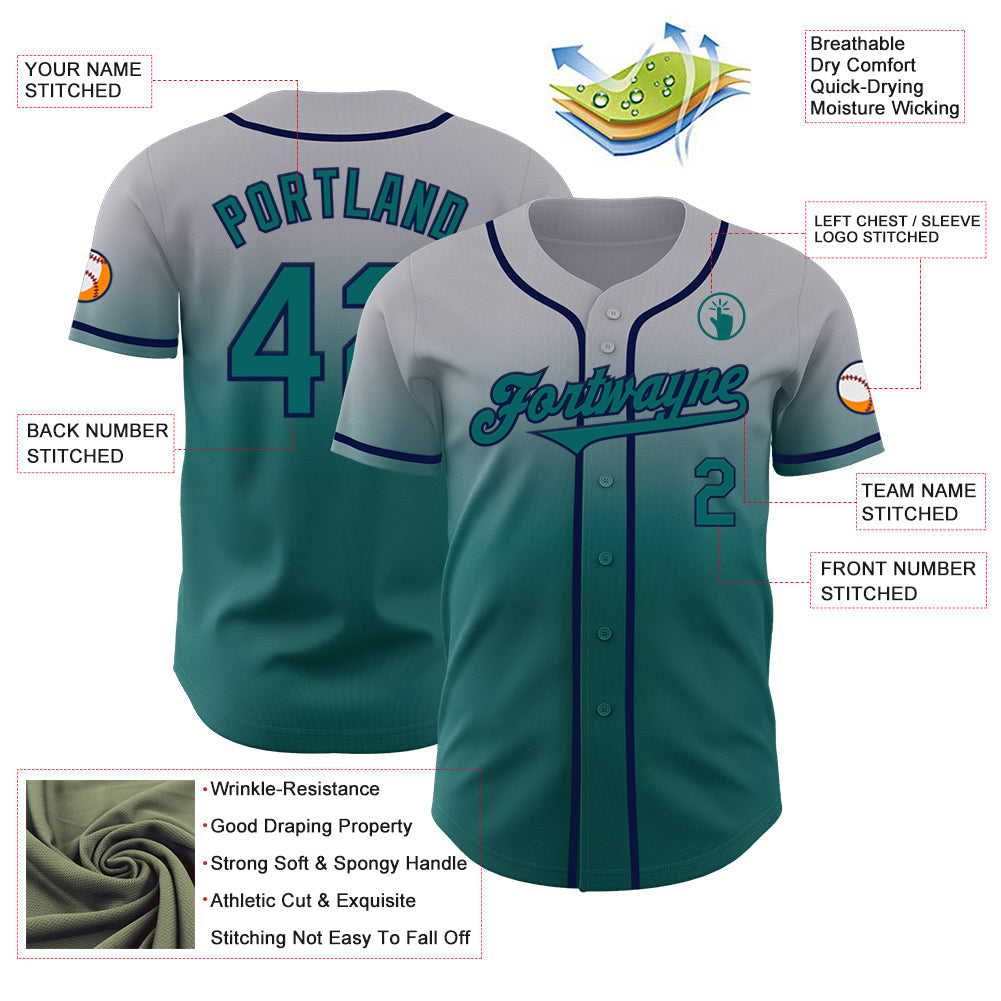 Custom Gray Teal-Navy Authentic Fade Fashion Baseball Jersey