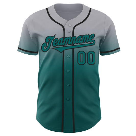 Custom Gray Teal-Black Authentic Fade Fashion Baseball Jersey