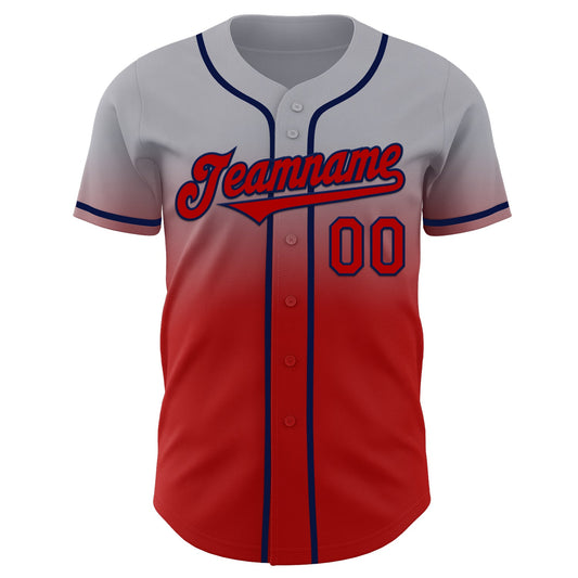 Custom Gray Red-Navy Authentic Fade Fashion Baseball Jersey