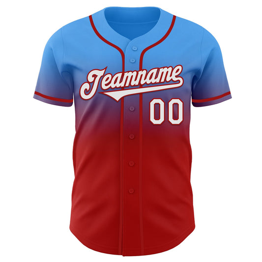 Custom Electric Blue White-Red Authentic Fade Fashion Baseball Jersey