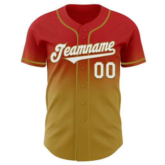 Custom Red White-Old Gold Authentic Fade Fashion Baseball Jersey