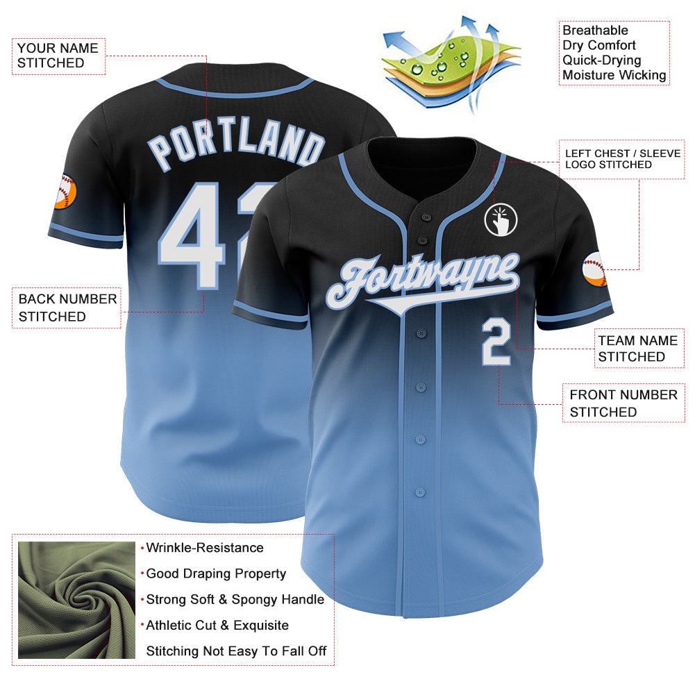 Custom Black White-Light Blue Authentic Fade Fashion Baseball Jersey