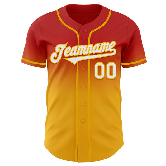 Custom Red White-Gold Authentic Fade Fashion Baseball Jersey